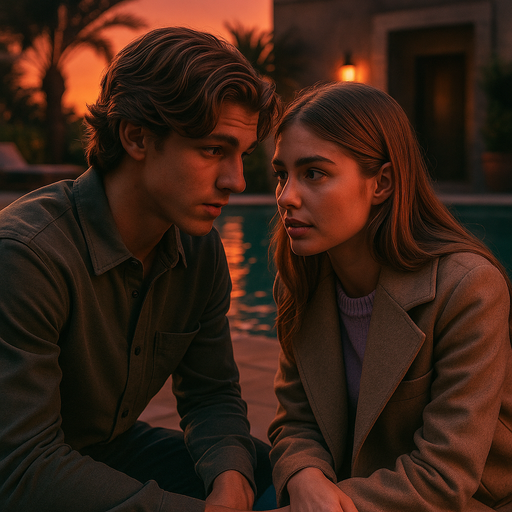 Gio and Emma talking by the pool at sunset, heads close, secretive. A shadowy lab door appears in the background. Orange-pink glow, mysterious tone, cinematic depth.